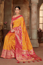 MANOHARI Banarasi Silk Blend Jacquard Work Saree - Yellow | Grocsy