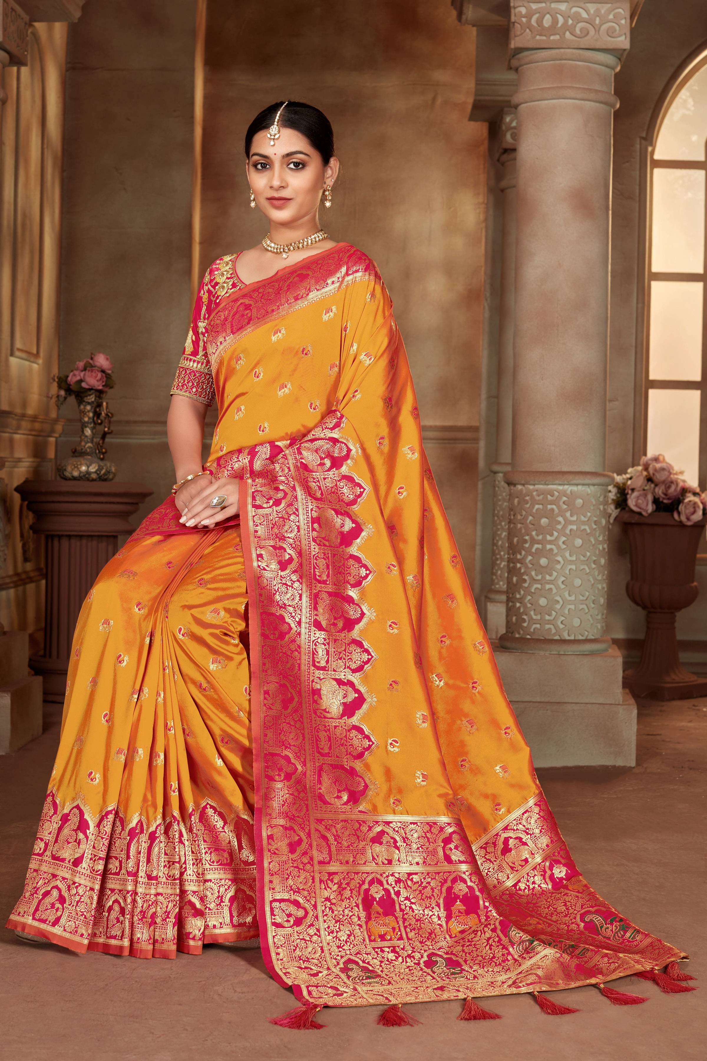 MANOHARI Banarasi Silk Blend Jacquard Work Saree - Yellow | Grocsy