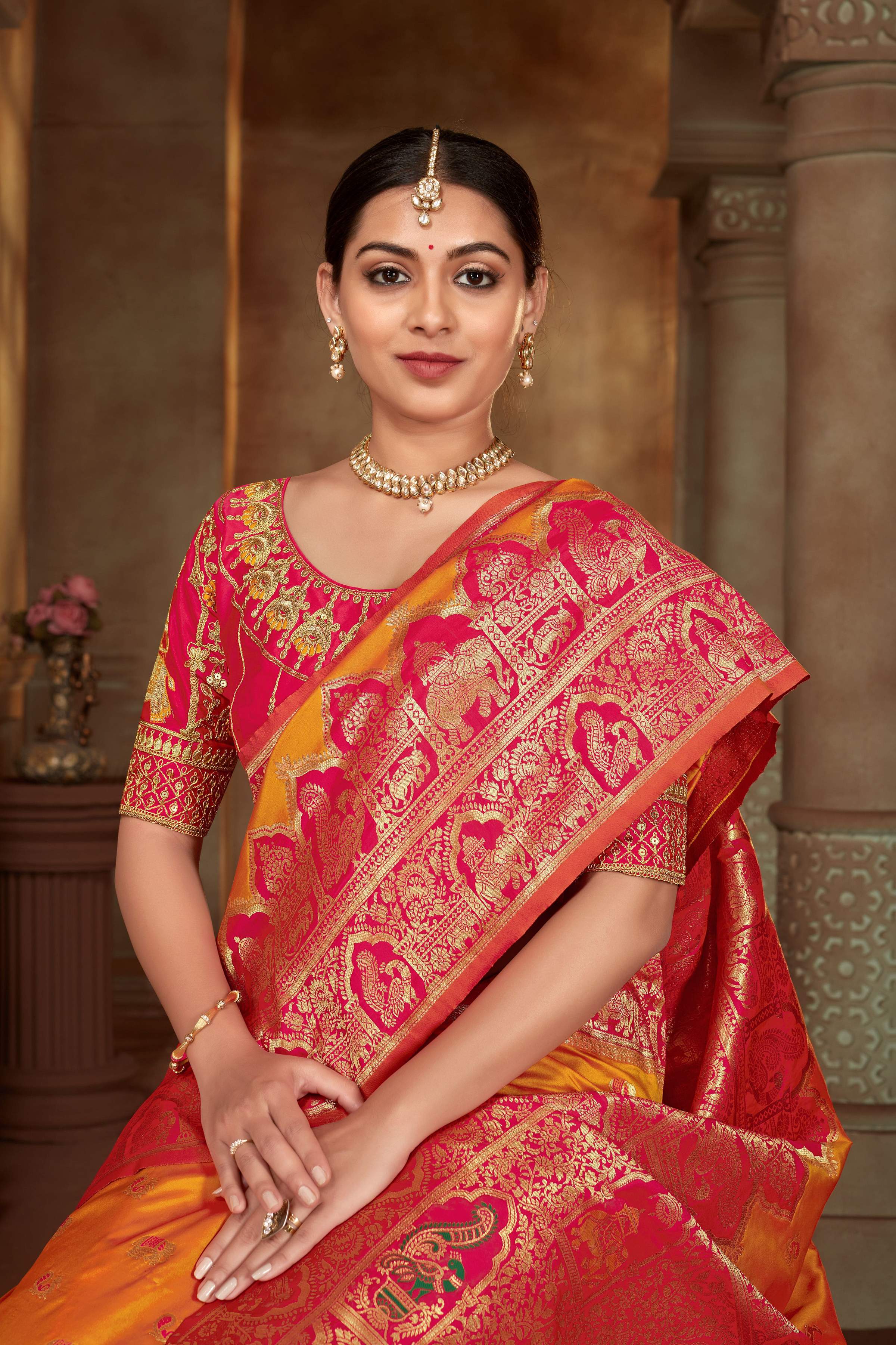 MANOHARI Banarasi Silk Blend Jacquard Work Saree - Yellow | Grocsy