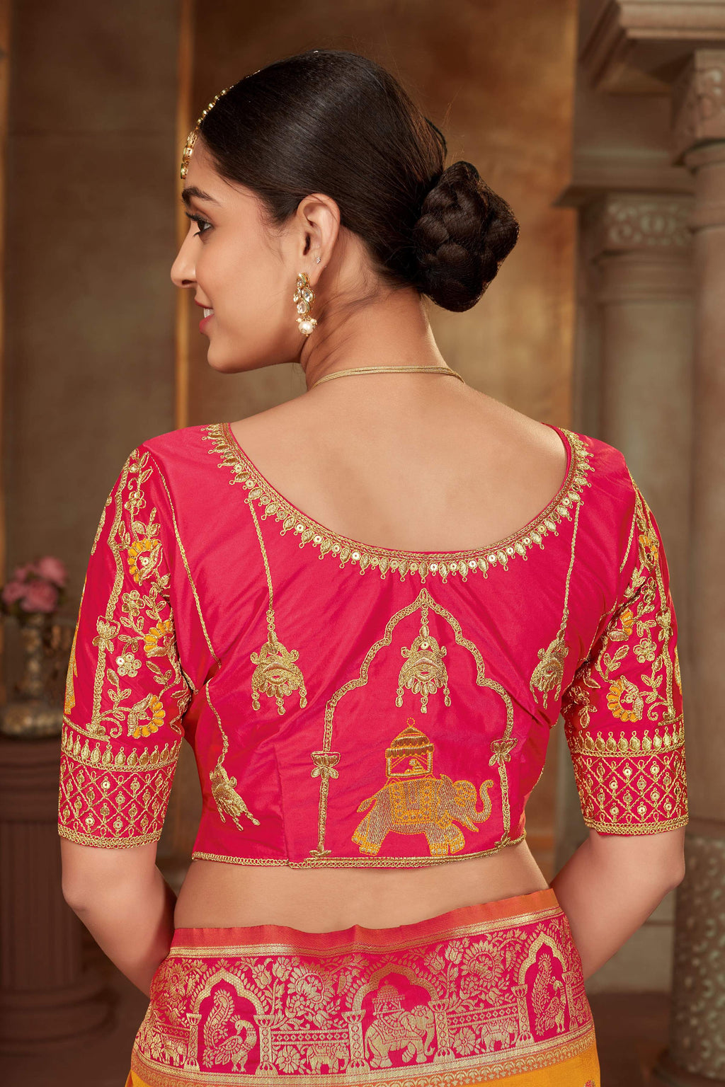 MANOHARI Banarasi Silk Blend Jacquard Work Saree - Yellow | Grocsy