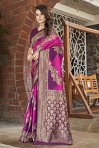 MANOHARI Banarasi Silk Blend Jacquard Work Saree - Purple | Grocsy