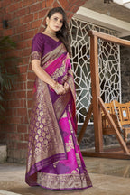 MANOHARI Banarasi Silk Blend Jacquard Work Saree - Purple | Grocsy