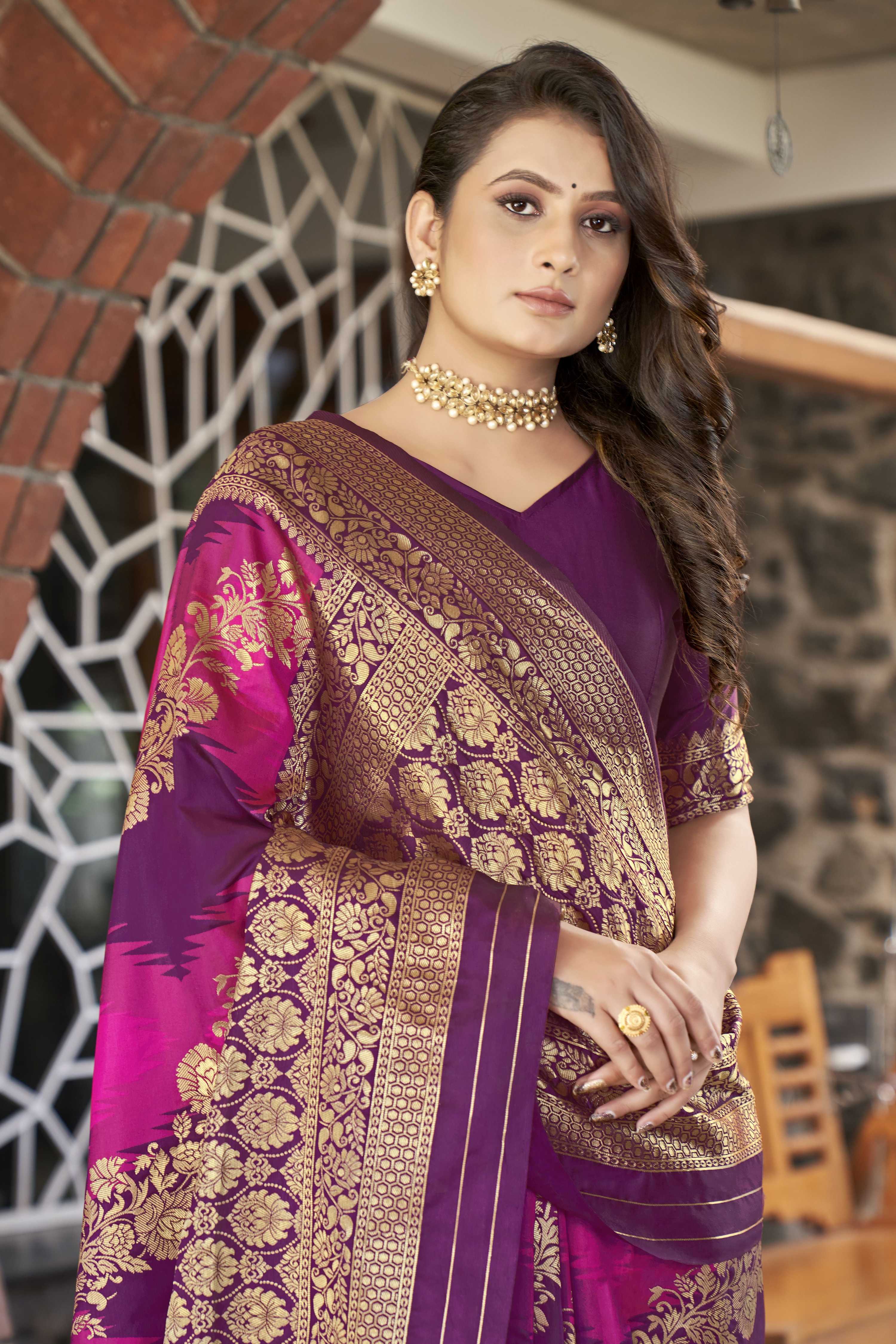 MANOHARI Banarasi Silk Blend Jacquard Work Saree - Purple | Grocsy