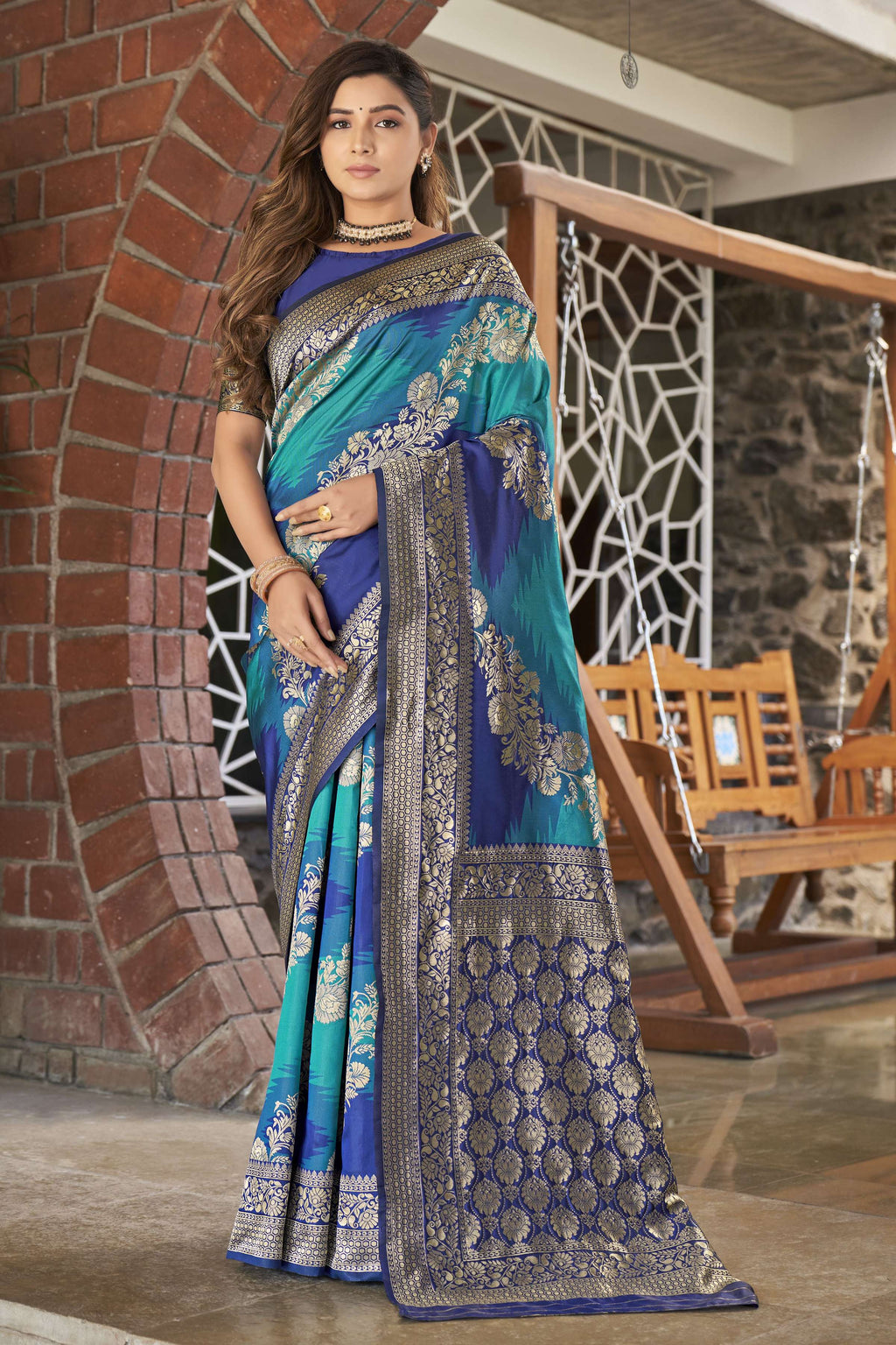 MANOHARI Banarasi Silk Blend Jacquard Work Saree - Blue | Grocsy