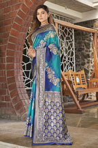 MANOHARI Banarasi Silk Blend Jacquard Work Saree - Blue | Grocsy