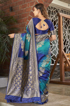 MANOHARI Banarasi Silk Blend Jacquard Work Saree - Blue | Grocsy