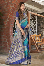 MANOHARI Banarasi Silk Blend Jacquard Work Saree - Blue | Grocsy