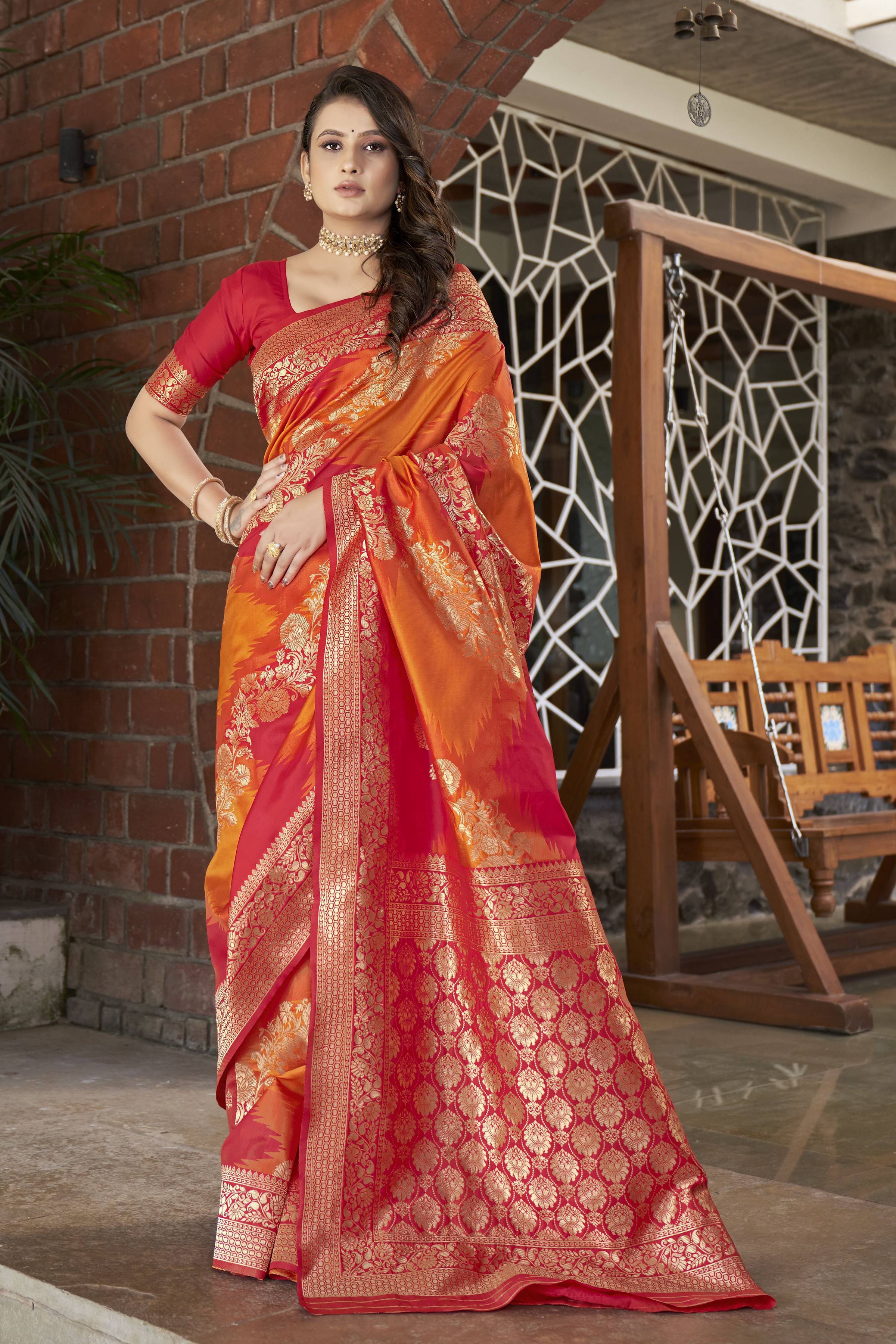 MANOHARI Banarasi Silk Blend Jacquard Work Saree - Orange | Grocsy