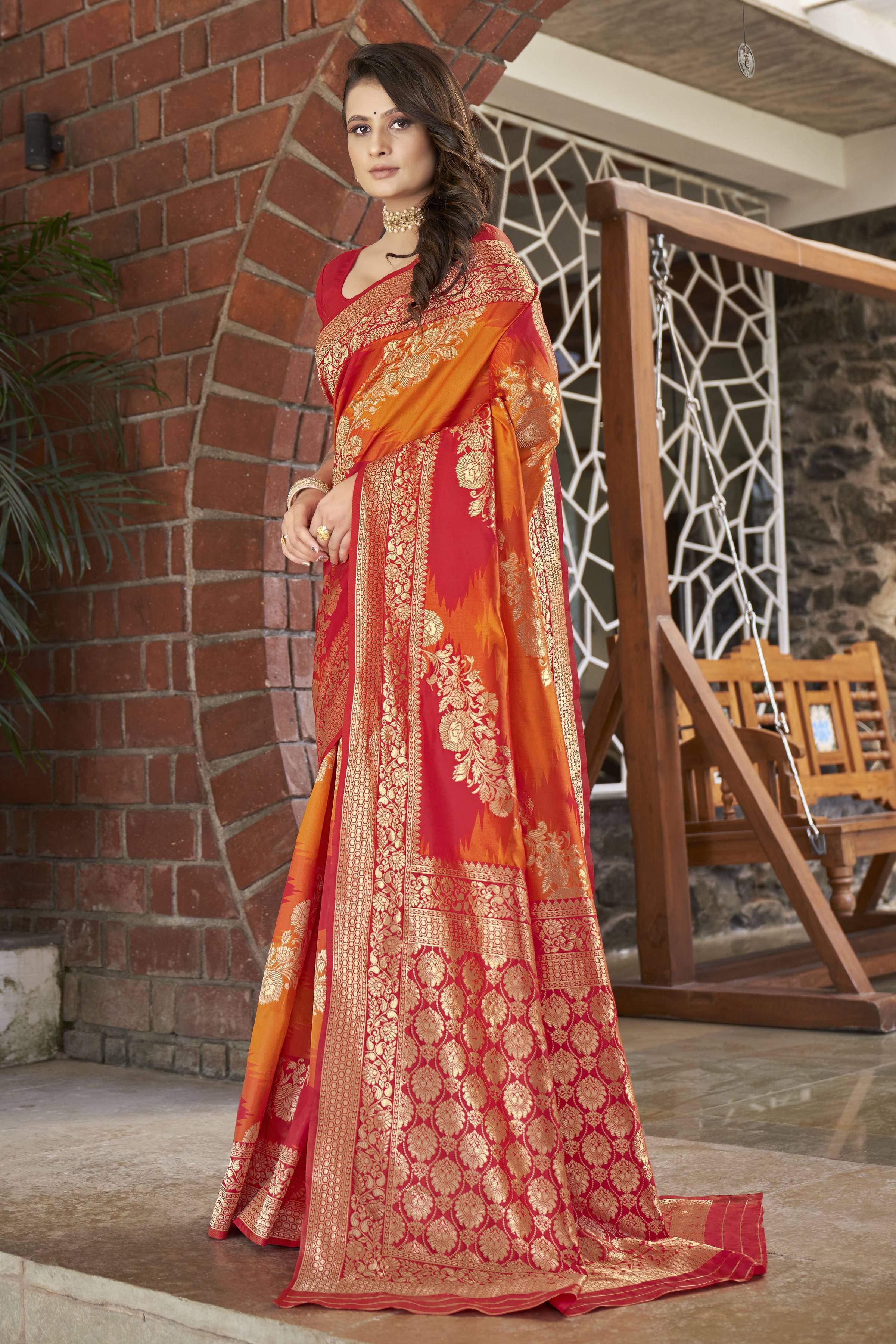 MANOHARI Banarasi Silk Blend Jacquard Work Saree - Orange | Grocsy
