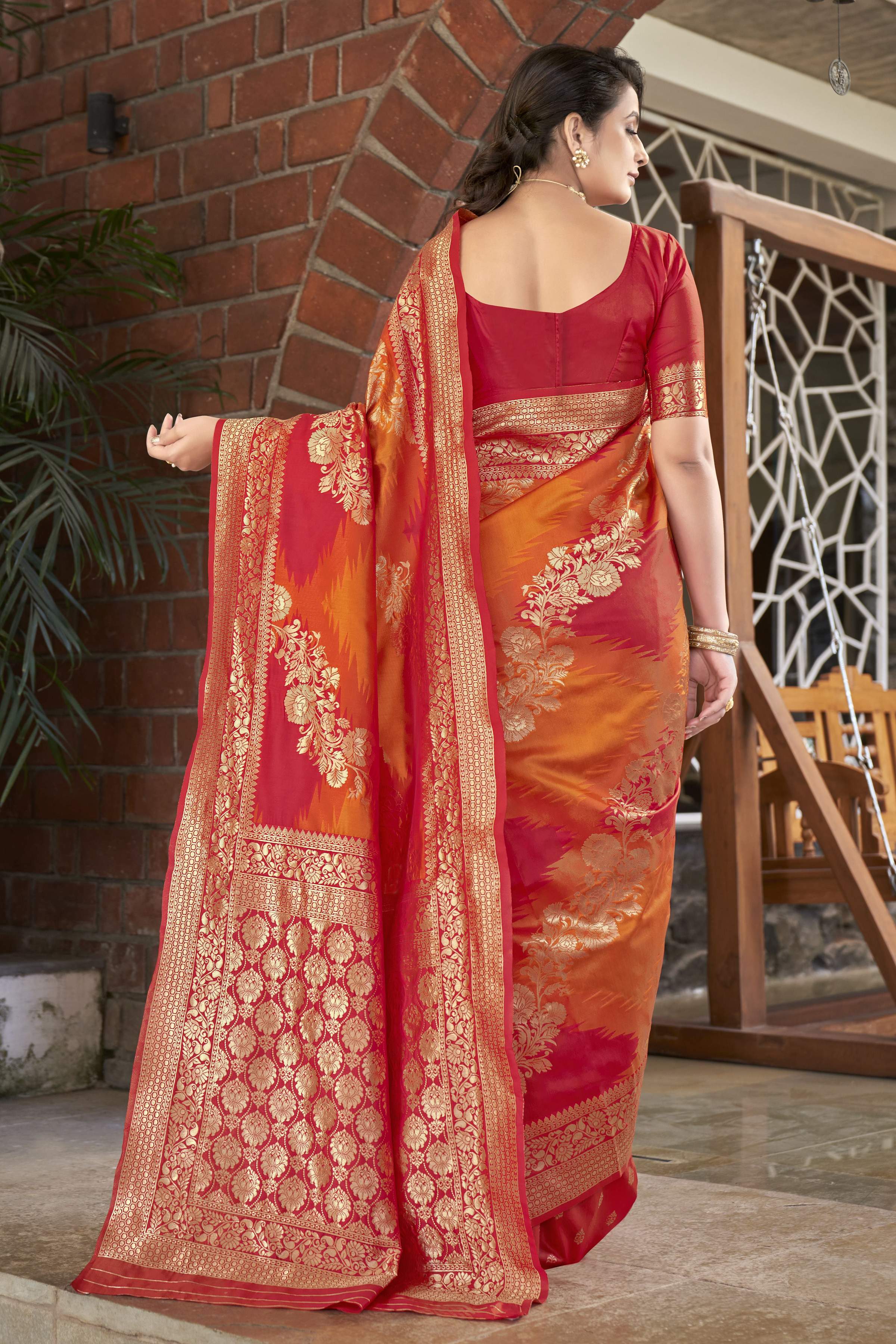 MANOHARI Banarasi Silk Blend Jacquard Work Saree - Orange | Grocsy