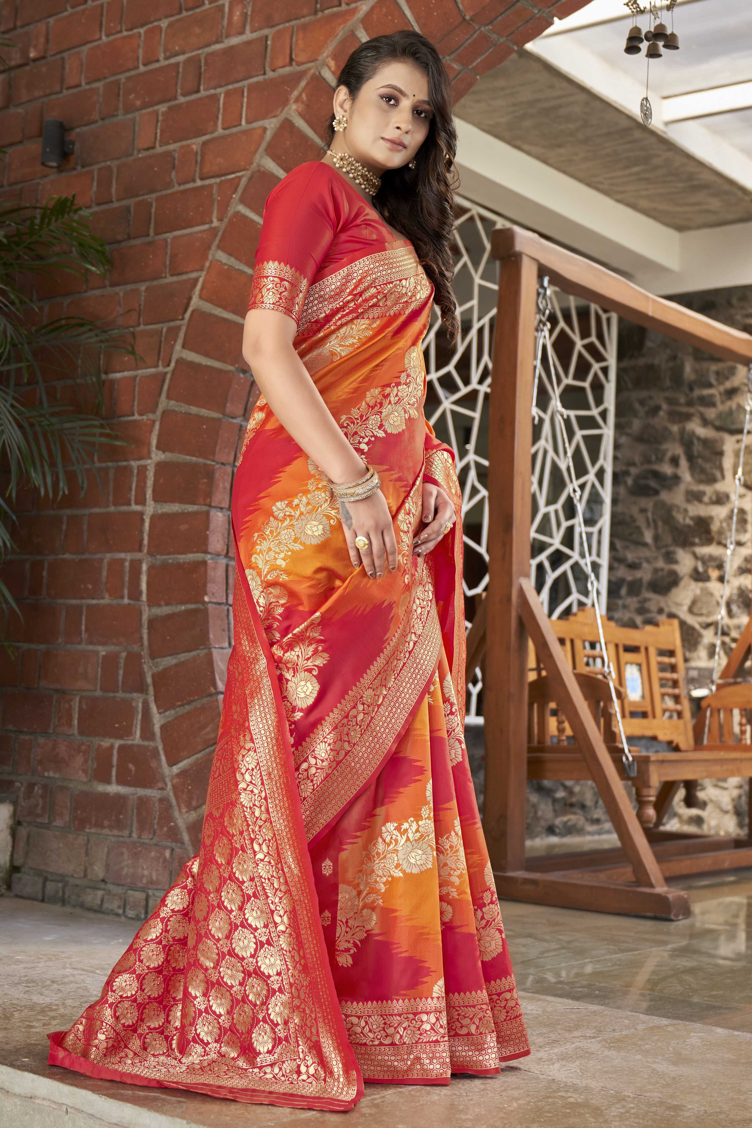 MANOHARI Banarasi Silk Blend Jacquard Work Saree - Orange | Grocsy