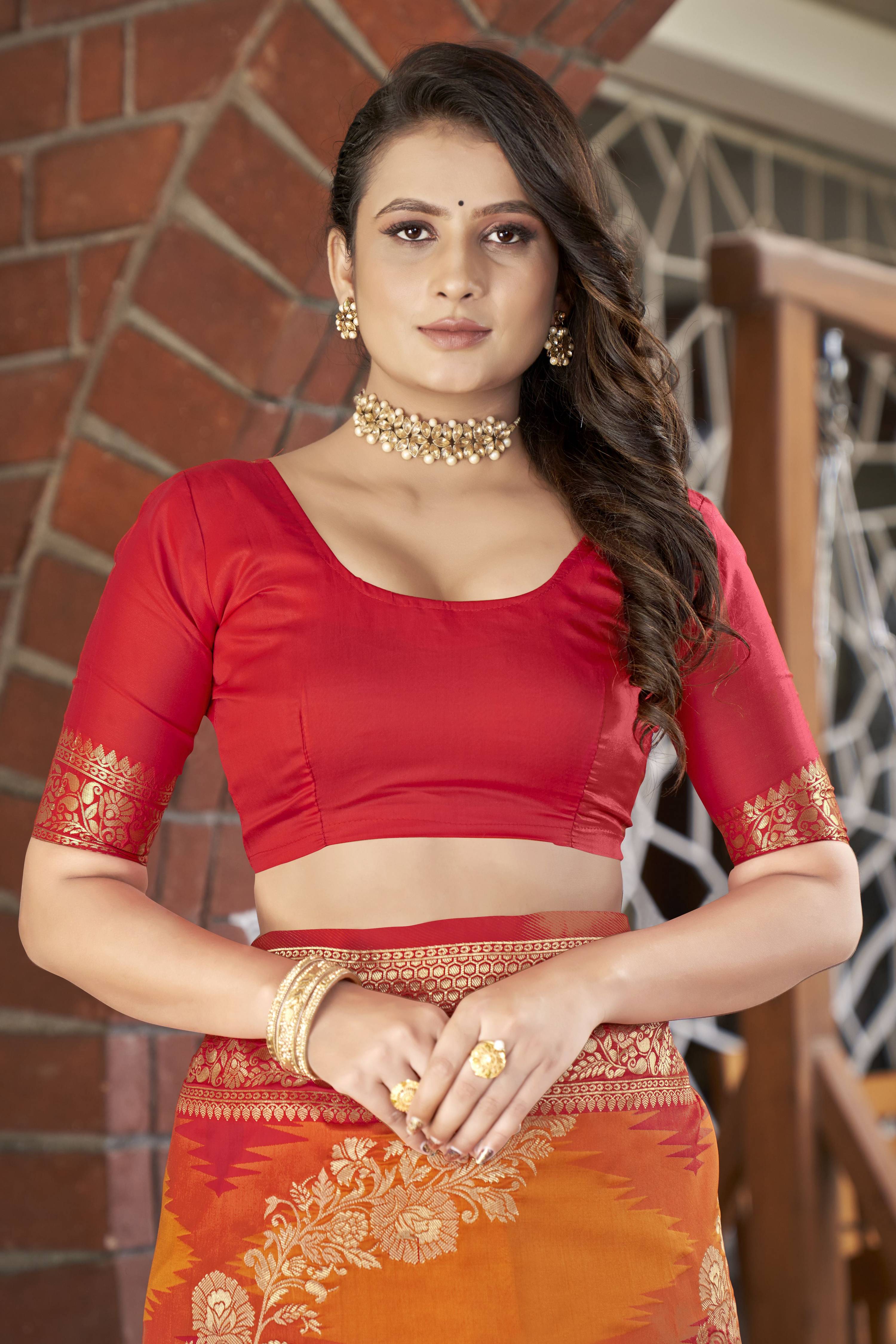 MANOHARI Banarasi Silk Blend Jacquard Work Saree - Orange | Grocsy