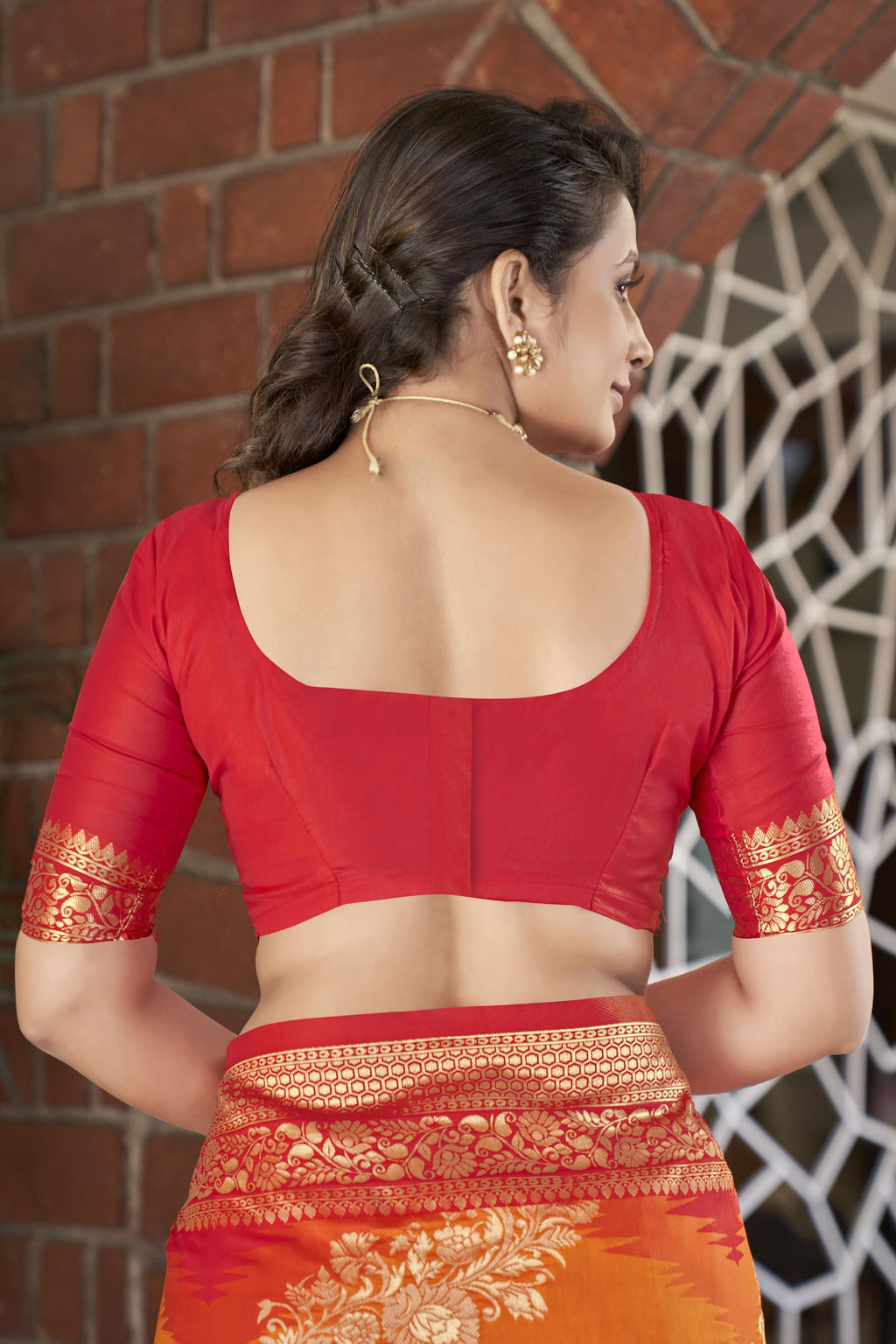 MANOHARI Banarasi Silk Blend Jacquard Work Saree - Orange | Grocsy