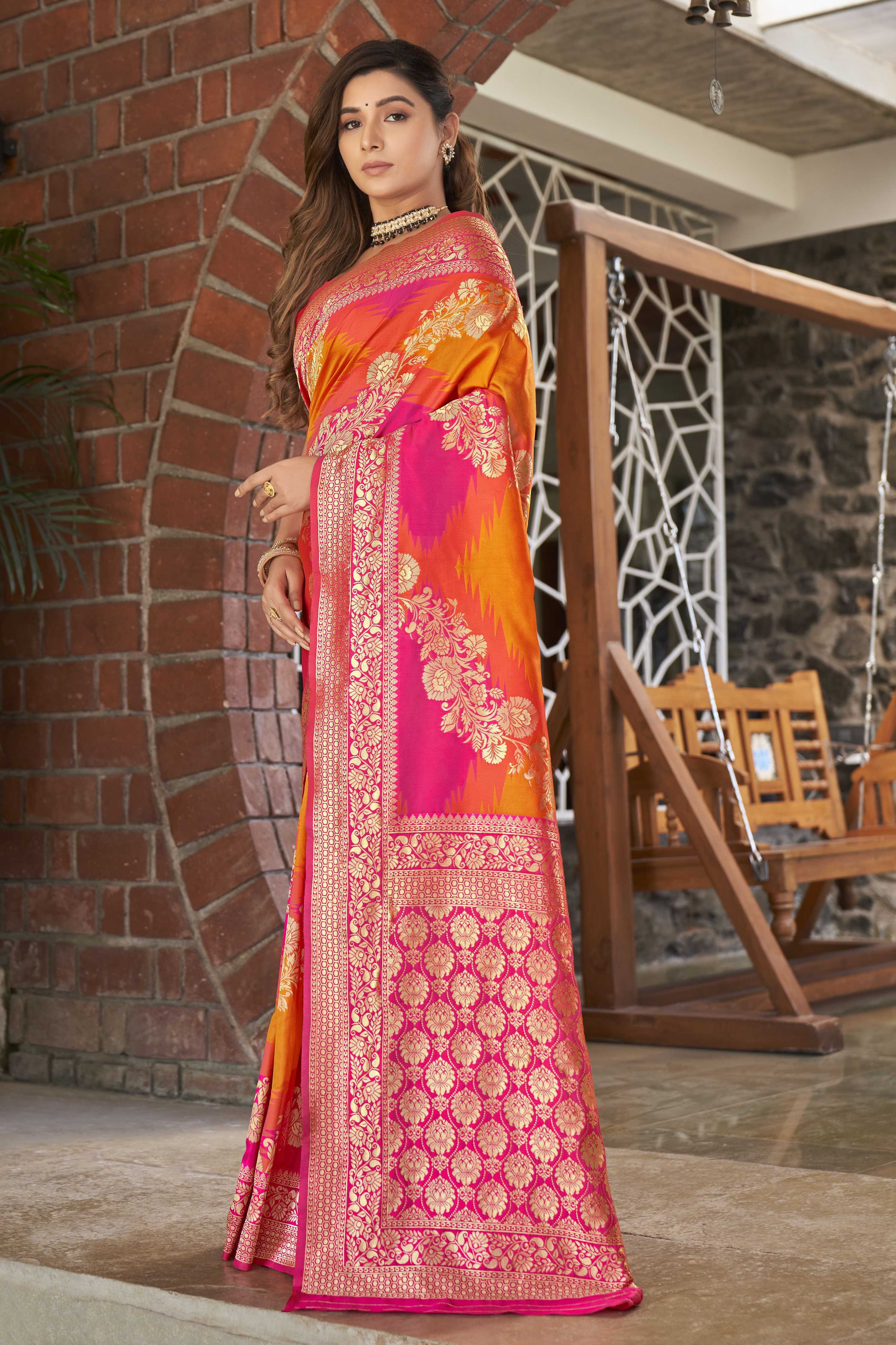 MANOHARI Banarasi Silk Blend Jacquard Work Saree - Pink | Grocsy