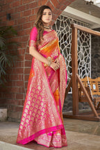 MANOHARI Banarasi Silk Blend Jacquard Work Saree - Pink | Grocsy