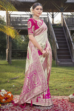 MANOHARI Banarasi Silk Blend Jacquard Work Saree - Pink | Grocsy