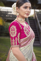 MANOHARI Banarasi Silk Blend Jacquard Work Saree - Pink | Grocsy