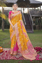 MANOHARI Banarasi Silk Blend Jacquard Work Saree - Yellow | Grocsy