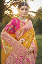 MANOHARI Banarasi Silk Blend Jacquard Work Saree - Yellow | Grocsy