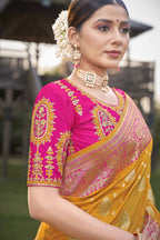 MANOHARI Banarasi Silk Blend Jacquard Work Saree - Yellow | Grocsy