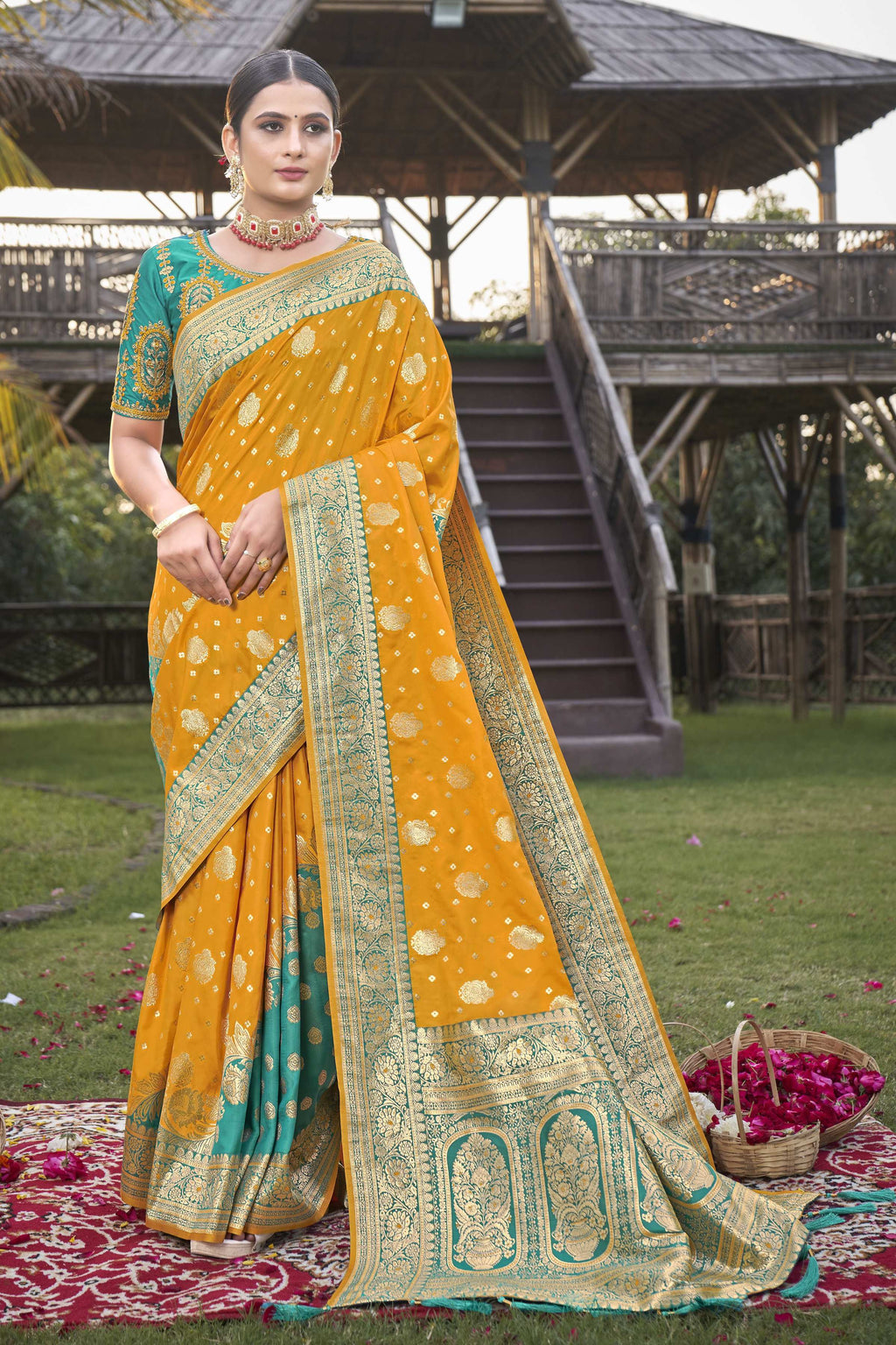 MANOHARI Banarasi Silk Blend Jacquard Work Saree - Mustard | Grocsy