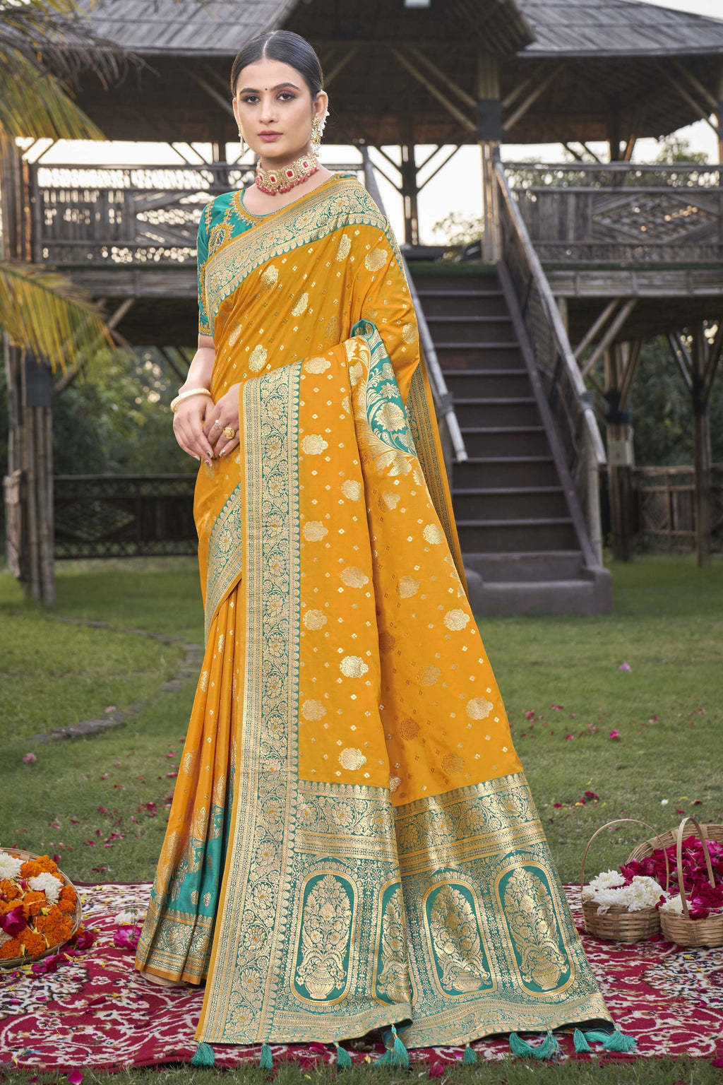 MANOHARI Banarasi Silk Blend Jacquard Work Saree - Mustard | Grocsy