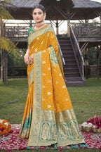 MANOHARI Banarasi Silk Blend Jacquard Work Saree - Mustard | Grocsy