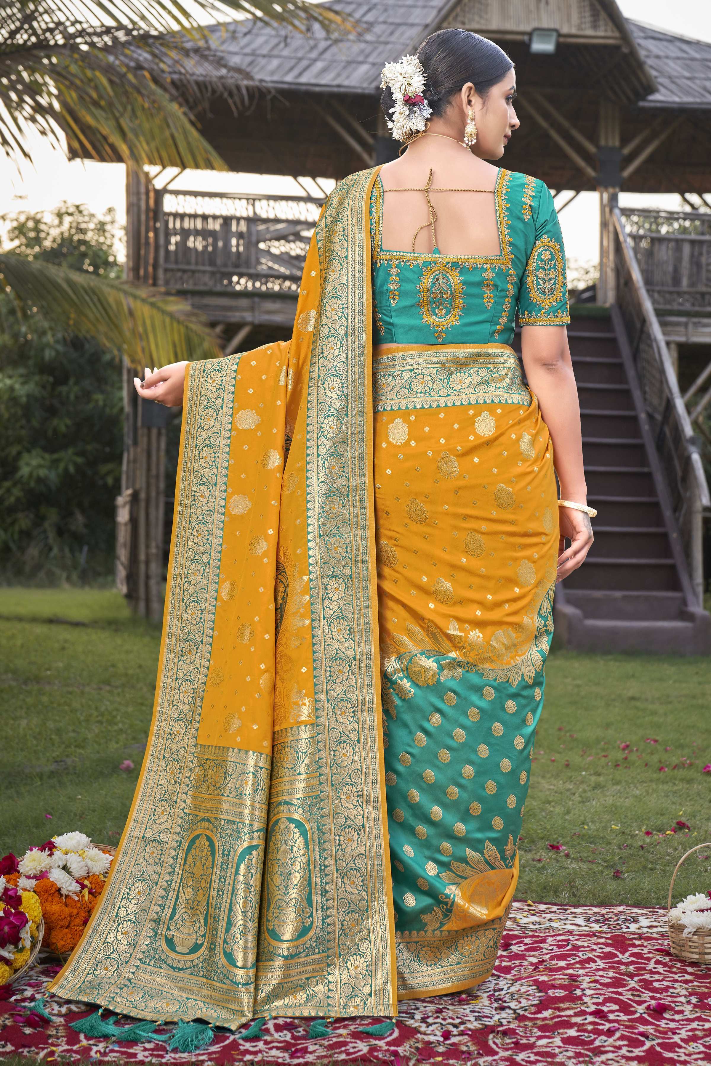 MANOHARI Banarasi Silk Blend Jacquard Work Saree - Mustard | Grocsy