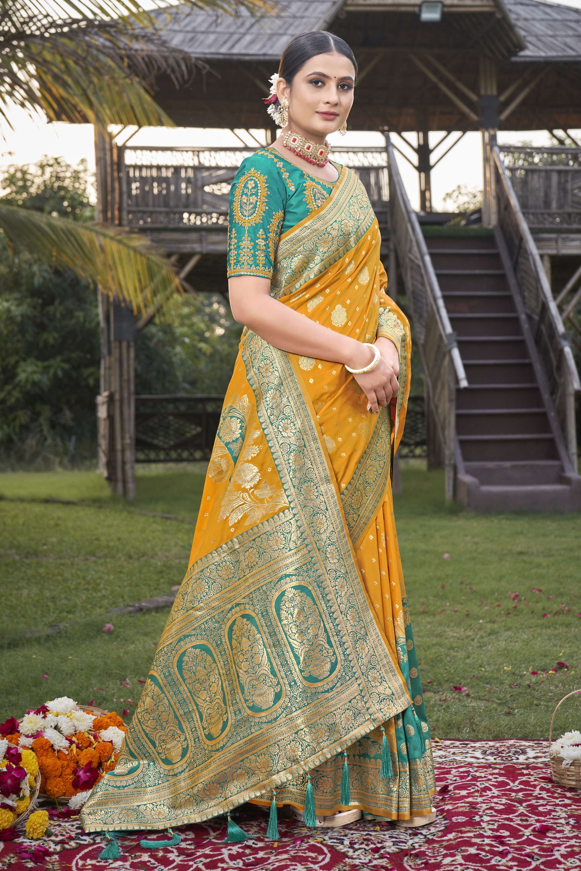 MANOHARI Banarasi Silk Blend Jacquard Work Saree - Mustard | Grocsy