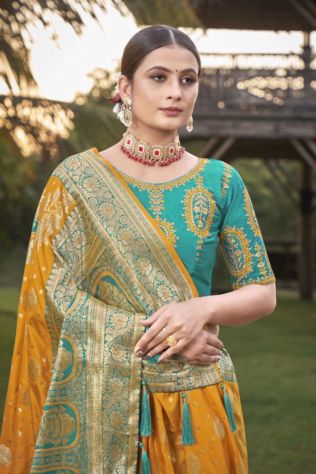 MANOHARI Banarasi Silk Blend Jacquard Work Saree - Mustard | Grocsy