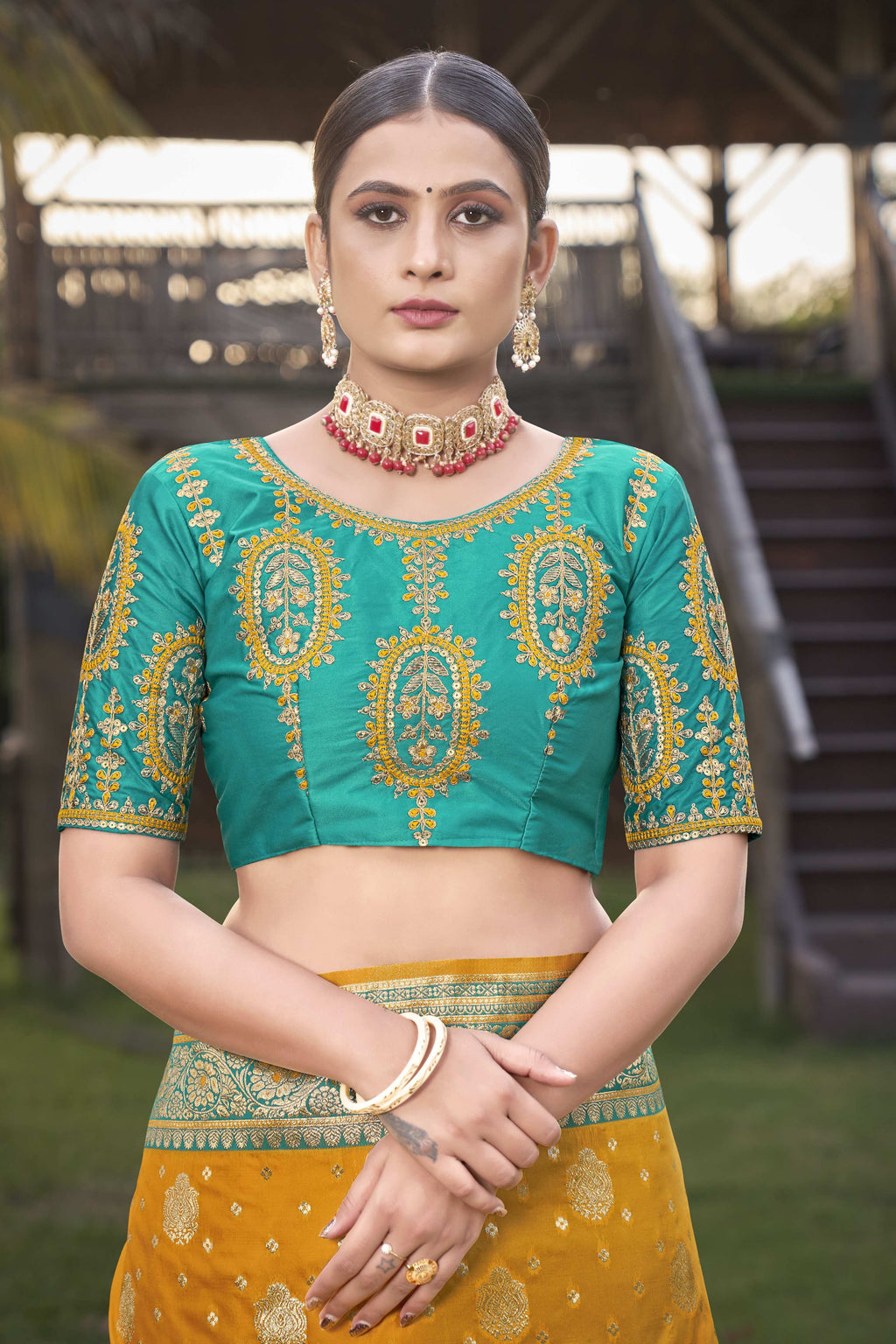 MANOHARI Banarasi Silk Blend Jacquard Work Saree - Mustard | Grocsy