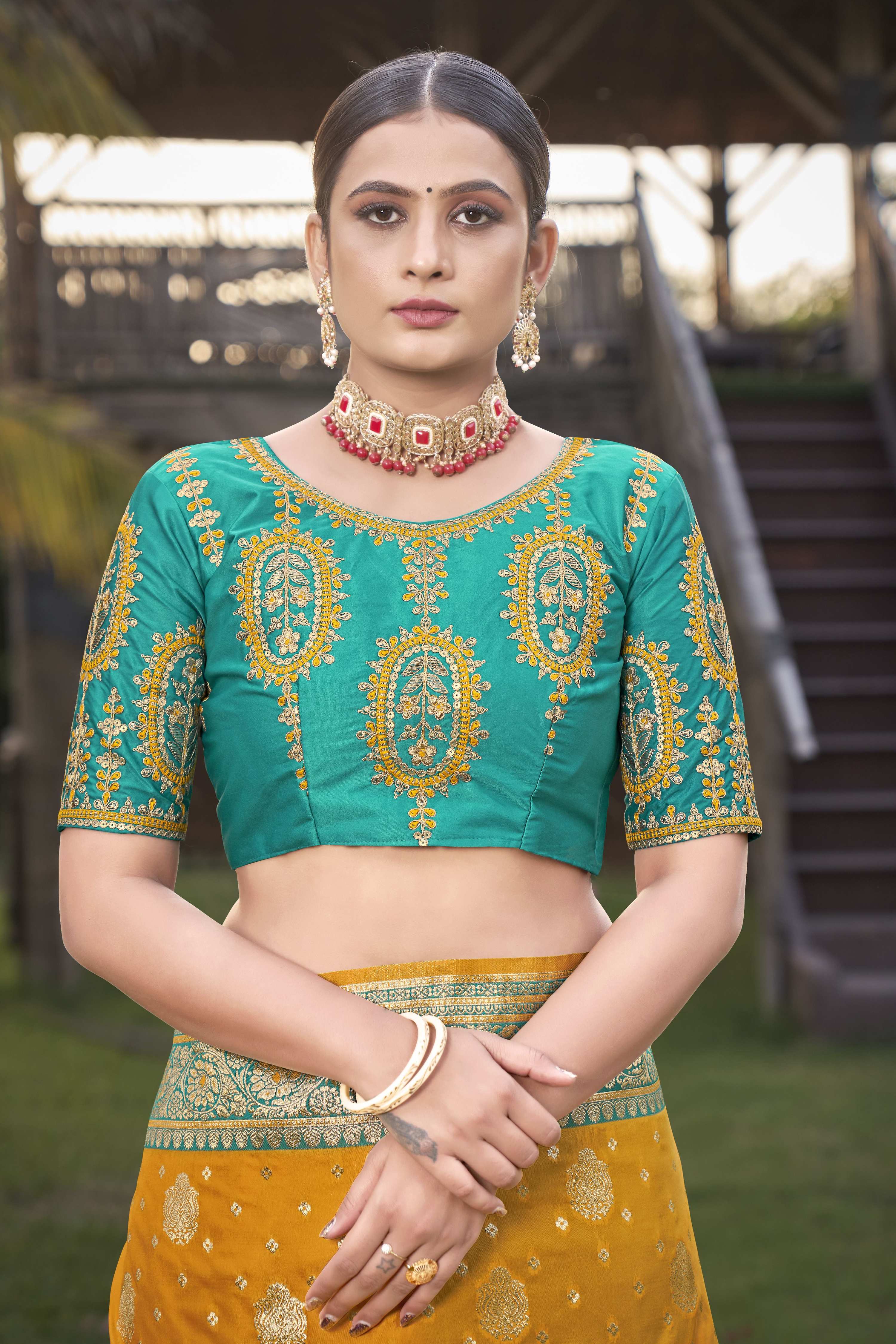 MANOHARI Banarasi Silk Blend Jacquard Work Saree - Mustard | Grocsy