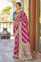 MANOHARI Banarasi Silk Blend Jacquard Work Saree - Pink | Grocsy