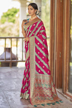 MANOHARI Banarasi Silk Blend Jacquard Work Saree - Pink | Grocsy