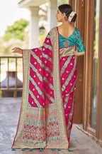 MANOHARI Banarasi Silk Blend Jacquard Work Saree - Pink | Grocsy