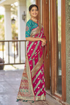 MANOHARI Banarasi Silk Blend Jacquard Work Saree - Pink | Grocsy
