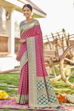 MANOHARI Banarasi Silk Blend Jacquard Work Saree - Pink | Grocsy