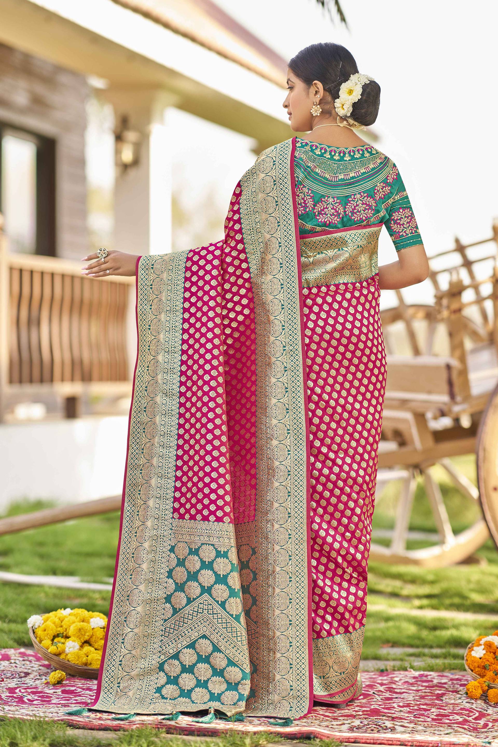 MANOHARI Banarasi Silk Blend Jacquard Work Saree - Pink | Grocsy