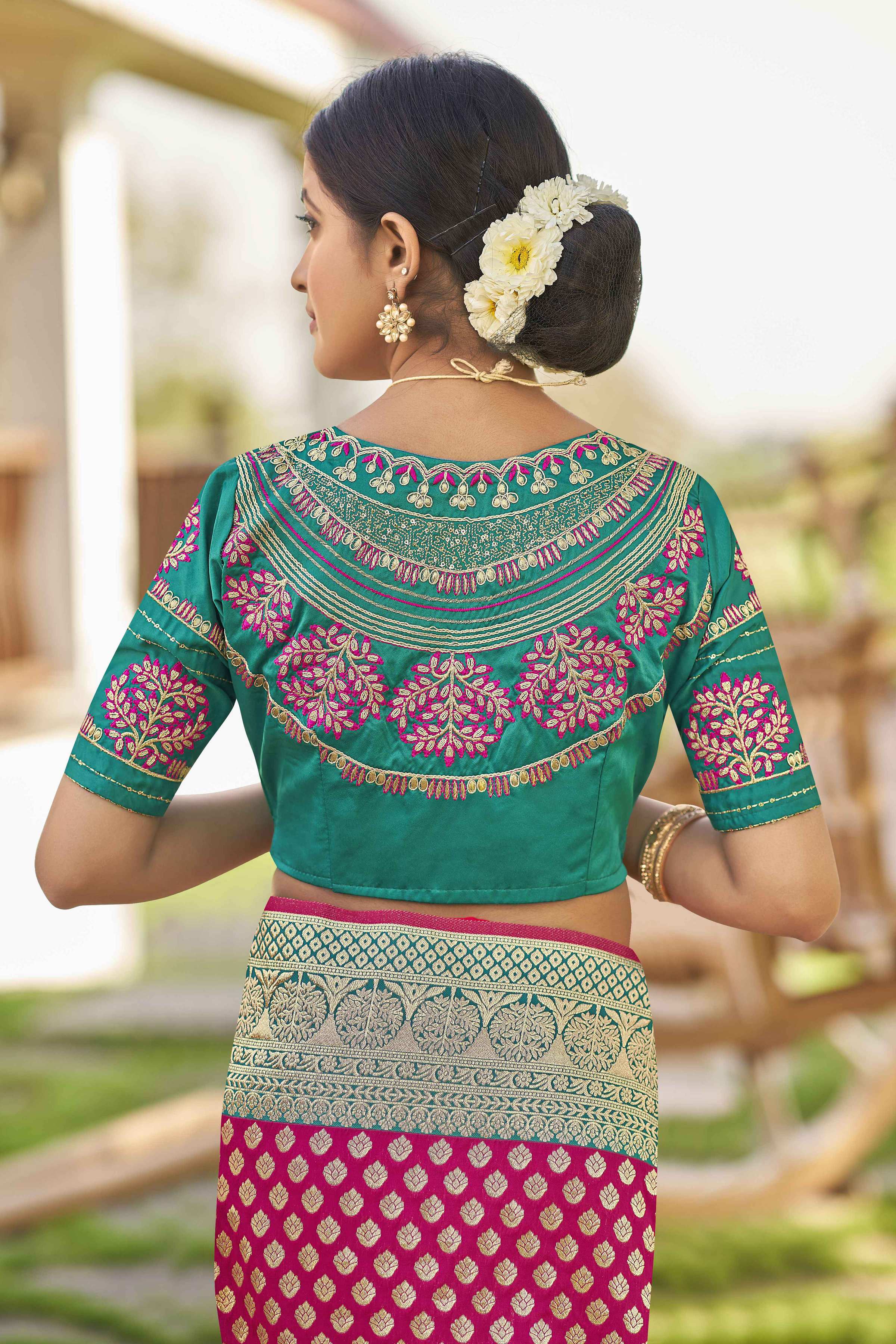 MANOHARI Banarasi Silk Blend Jacquard Work Saree - Pink | Grocsy