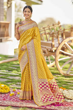 MANOHARI Banarasi Silk Blend Jacquard Work Saree - Yellow | Grocsy