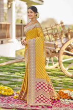 MANOHARI Banarasi Silk Blend Jacquard Work Saree - Yellow | Grocsy