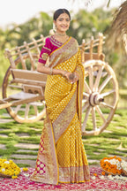 MANOHARI Banarasi Silk Blend Jacquard Work Saree - Yellow | Grocsy