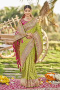 MANOHARI Banarasi Silk Blend Jacquard Work Saree - Green | Grocsy