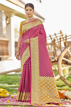 MANOHARI Banarasi Silk Blend Jacquard Work Saree - Pink | Grocsy