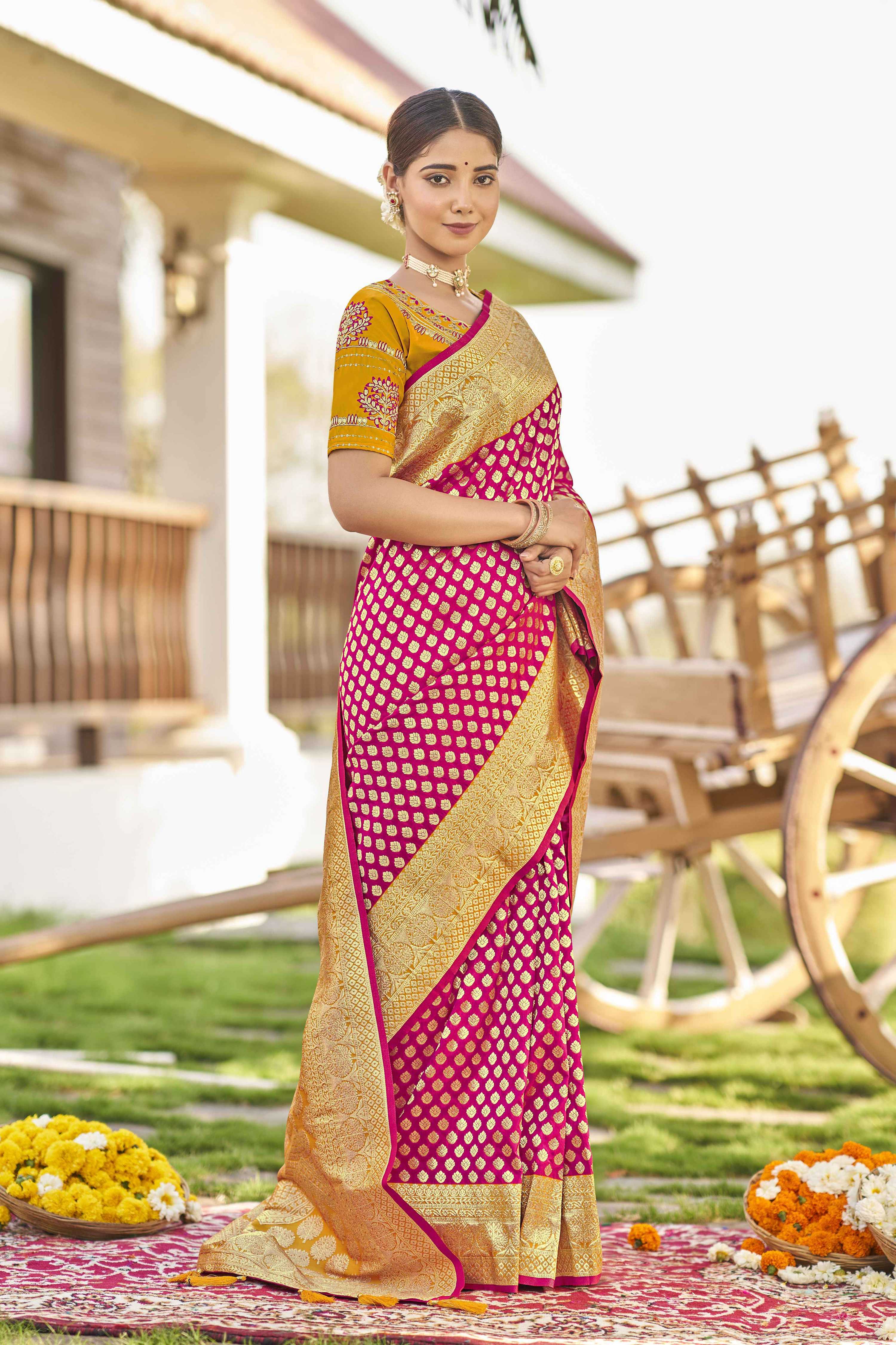 MANOHARI Banarasi Silk Blend Jacquard Work Saree - Pink | Grocsy