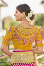 MANOHARI Banarasi Silk Blend Jacquard Work Saree - Pink | Grocsy