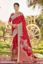 MANOHARI Banarasi Silk Blend Jacquard Work Saree - Red | Grocsy