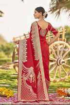 MANOHARI Banarasi Silk Blend Jacquard Work Saree - Red | Grocsy