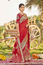 MANOHARI Banarasi Silk Blend Jacquard Work Saree - Red | Grocsy