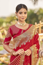 MANOHARI Banarasi Silk Blend Jacquard Work Saree - Red | Grocsy
